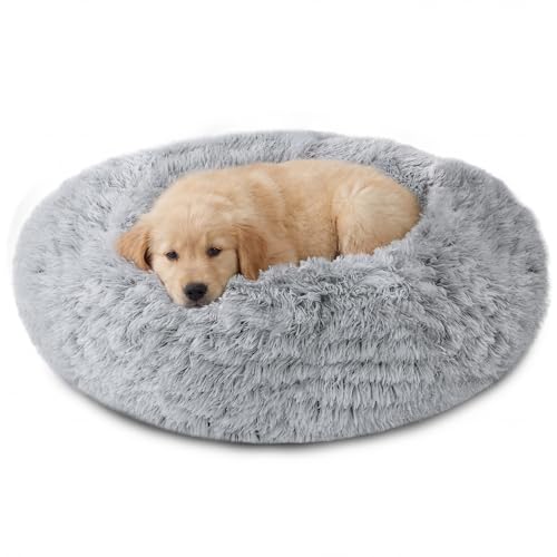 JOLLYVOGUE Calming Dog Bed Medium Size Dog, Anti-Anxiety Donut Medium Pet Bed, 27 inches Fluffy Faux...