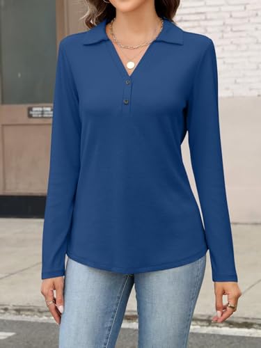 Women's Collared V Neck Tops Long Sleeve Shirts Button Basic Casual Tunic Blouses2