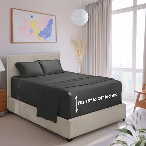 Image of Hearth & Harbor Bed Linen Set - 4Pc King Luxury Sheet Set (Charcoal Stone Gray, Microfiber) - Deep Pocket, Fits Up to 24 inch Mattress, Soft & Breathable | 4 Piece Bed Sheet Set, Ultra Soft & Breathable, Fits Up to 24 inch Mattress, Hotel Luxury