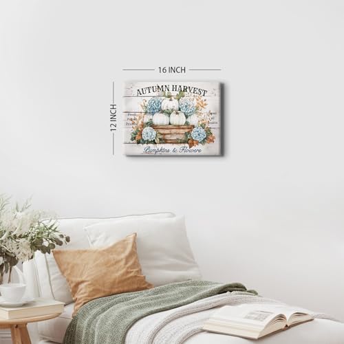 Image of Fall Canvas Wall Art Farmhouse Pumpkins Hydrangea Wall Decor for Kitchen Dining Room Autumn Harvest Poster Canvas Prints Vintage Rustic Floral Painting Artwork Holiday Home Decorations 12x16 inch Gifts