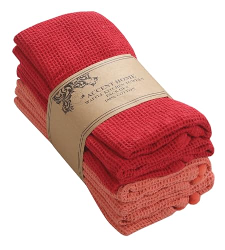 ACCENTHOME 100% Cotton Waffle Weave Kitchen Towel Set of 4 Super Soft Absorbent Tea Towels Durable Cleaning Dish Cloths Perfect for Mess &Quick Drying Dishes Rags 18x26 inches in Red and Coral Color