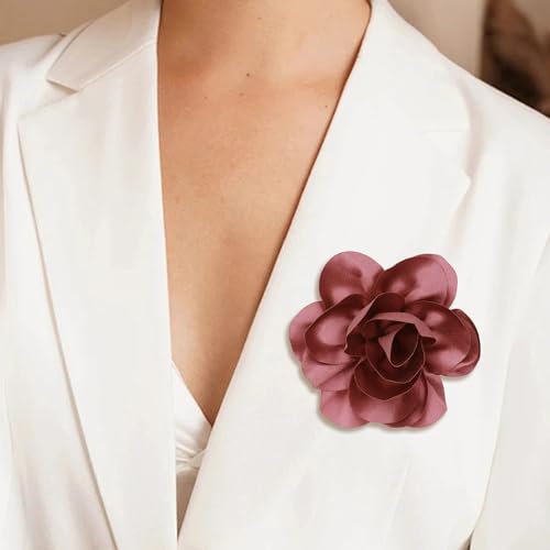 Image of Dainty Satin Fabric Flower Brooches for Women Large Rose Floral Brooch for Party Dance Wedding Banquet Elegant Camellia Fashion Brooch Pin for Women Girl 5.5inch