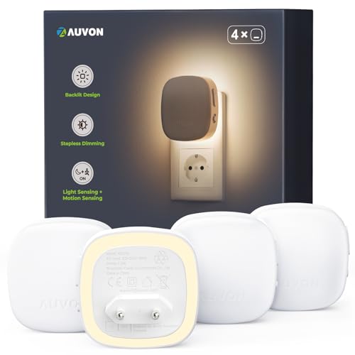 AUVON Nachtlicht Steckdose Hinterleuchtet mit Bewegungssensor und Dämmerungssensor, 4 Stück Night Light Warmweiß 1-50 lm Dimmbar, 8 Einstellbare Helligkeitsstufen für Kinder Flur Treppe Schlafzimmer