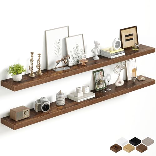 Image of Fun Memories 72Inch Long Floating Shelves, 8 Inch Deep Shelves for Bedroom|Living Room, Wall Mounted Wood Hanging Shelf with Invisible Brackets for Fireplace Mantel Home Storage Decor, Brown - 2 Pack