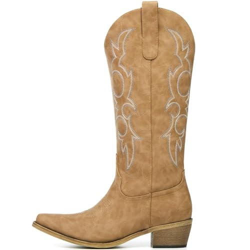 RURUNA Cowboy Boots for Women, Cowgirl Boots with Embroidered and Chunky Heel, Ideal for Daily Wear and Country Fashion, Light Brown 6.5 — view 6