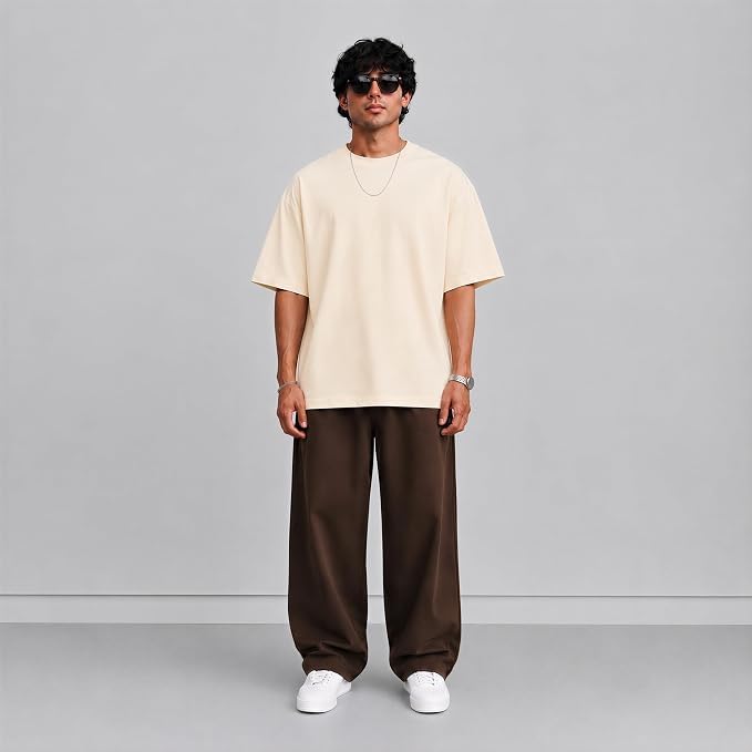 Image of Men's 240 GSM Cotton Oversized Tee - Heavyweight Bio-Washed Fabric | Premium Street Style | Super Soft, Thick & Breathable T-Shirt