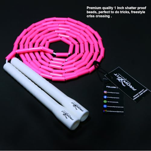 Image of Freestyle Unbreakable Long Handle Soft Shatterproof Beads 1Inch Beaded Jump Rope, Skipping Rope Adult. (10 Ft) (Pink - White handle)