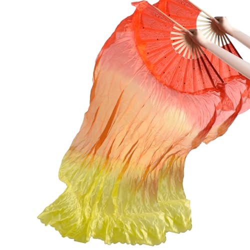 Redvigh 1 Pair Silk Belly Dance Fan, 1.5 Meters Belly Dance Silk Veil Fans Artificial Long Folding Silk Fans for Dancer Art Show Party (Left+Right)