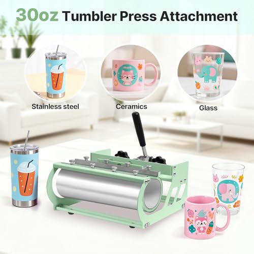 Image of Slendor Heat Press 15x15 Inch 5 in 1 Heat Press Machine 360-Degree Swing Away Digital T Shirt Pressing Machine Multifunction Heat Transfer Sublimation Combo for T Shirts Mugs Hat Plate Cap,Green