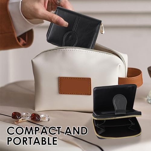 Women's Small Purse, Genuine Leather Compact Bifold Purse Vintage Clutch Wallets, with Zipper Closure Coins Section Key Pockets Clear ID Window Multi Credit Card Spaces Holders for Ladies (Black) - Image 6