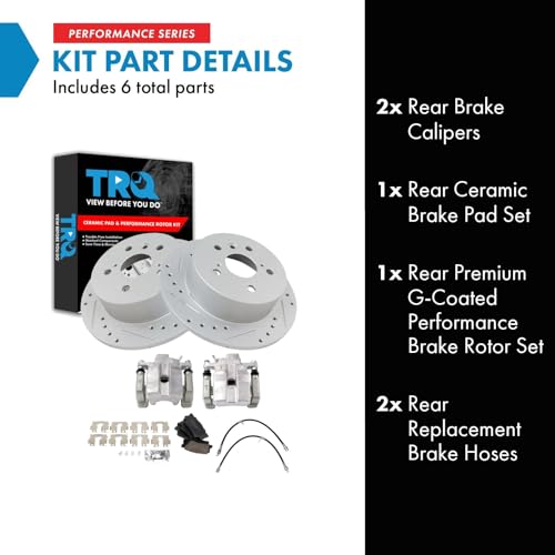 Image of TRQ Performance Rear Brake Pad and Rotor Set Ceramic Slotted Drilled Coated Rotors Calipers Compatible with 2013-2015 Toyota Avalon 2012-2017 Camry