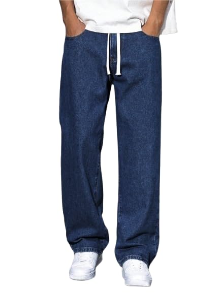 Men's Dark Blue Denim Jeans | Loose Fit Drawstring Waist Pant | Casual Relaxed Wide Leg Bottom | Comfortable Everyday Streetwear Trouser-picture-16