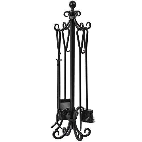 Amagabeli 5 Pieces Scroll Fireplace Tools Cast Iron Indoor Firewood Tools with Log Holder Outdoor Fireset Pit Stand Large Tongs Shovel Antique Broom Chimney Poker Wood Stove Hearth Accessories Black