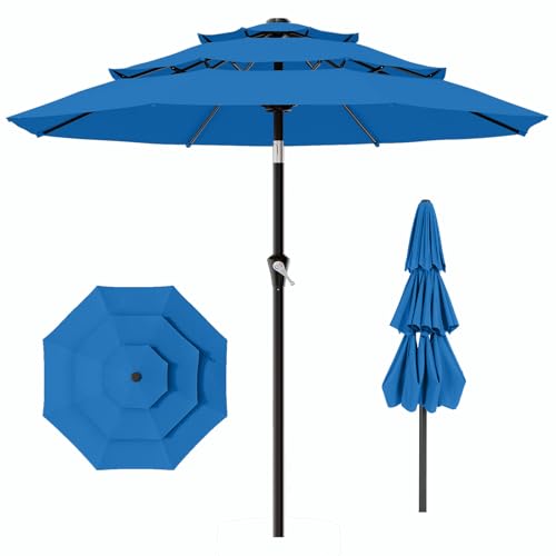 Image of AreShark 9ft 3-Tier Patio Umbrellas, Outdoor Umbrella with 8 Sturdy Ribs UV Protection Windproof, Market Table Umbrella w /Push Button Tilt & Crank for Pool, Porch, Deck, Garden(Royal Blue)