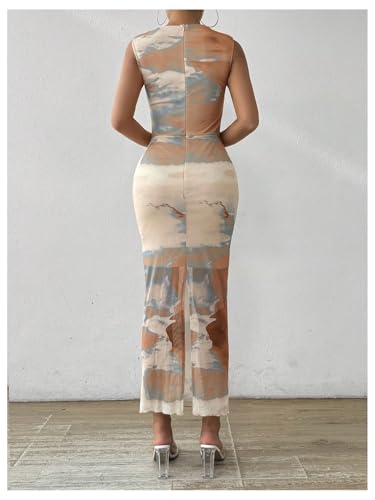 SweatyRocks Women's Tie Dye Maxi Dress Mock Neck Sleeveless Fitted Sheer Mesh Bodycon Dresses2