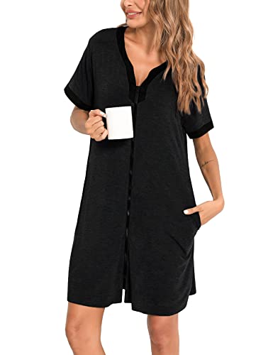 Swomog Womens Zip Upper House Coats Short Sleeve Robe Modal Nightgown Sleepwear Casual Nights With Pockets S-Xxl #TOP3