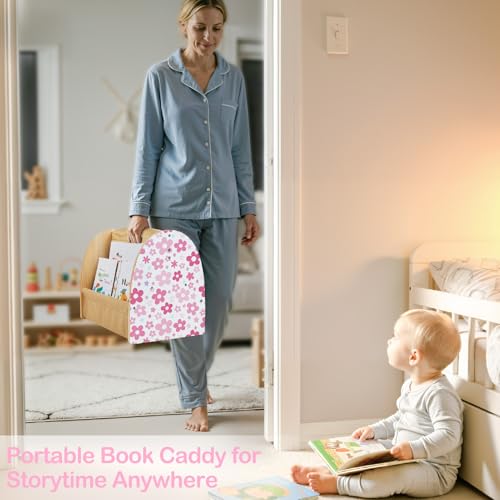 Image of Toddler Bookshelf Double-Sided with 4 Tier Deep Sleeves Kids Wooden Montessori Book Rack for Baby Nursery Room, Playroom, Classroom or Bedroom Bookcase Storage Organizer, Pink Flowers