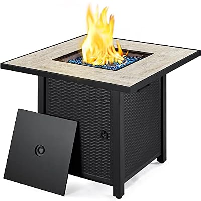 Yaheetech 30" Propane Gas Fire Pit Table 50,000 BTU Square Gas Fire Table with Ceramic Tabletop and Blue Fire Glass for Outdoor/Patio with Rattan Pattern Steel Base/Lid, Black