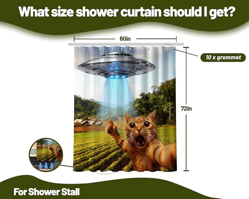 Image of Funny Cat Shower Curtain Cool Teen UFO, 60x72 Inchs