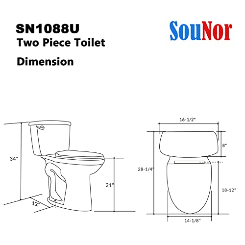 Sounor Sn1088U Two-Piece Elongated Toilet,21 Inch Tall Bowl Comfortable Slow Close Uf Heavy Duty Seat, White #TOP5