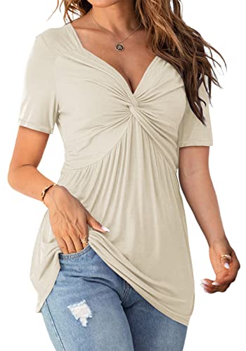 Image of Tankaneo Womens Front Knotted V-Neck Blouse T Shirt Short Sleeve Oversized Tunic Tops Summer Solid Pullover Tees