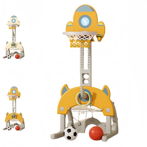 ShineLuxeバスケットゴール 子供用 バスケットボールフープセット 4in1 バスケットボール サッカー ゴルフ 輪投げ 高さ調整可能 バスケゴール 早期教育 プレゼント 室内 屋外用 (4つの黄色)