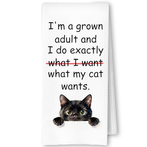 SkipTiger Funny Black Cat Kitchen Towels, Cat Lover Mom Dad Owner Gifts Dish Tea Towels for Kitchen Decor, Humor Black Kitty Kitten Decorative Hand Towel for Bathroom, 16x24 Inch