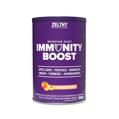 Zelthy Nutrition Immunity Boost – Complément Immunité avec Vitamine C, D3, Zinc et Propolis – Poudre soluble 150 g (Pêche)