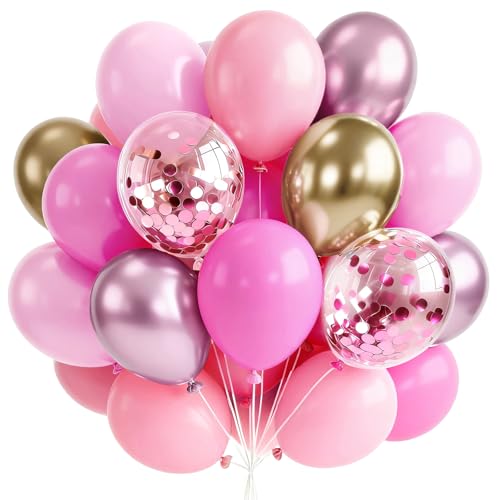 Image of PartyWoo Pink and Gold Balloons 65pcs 12 Inch Metallic Gold Pearl Matte Hot Light Pastel Pink Confetti Balloons for Gender Reveal Baby Shower Bridal Shower Princess Birthday Party Decorations