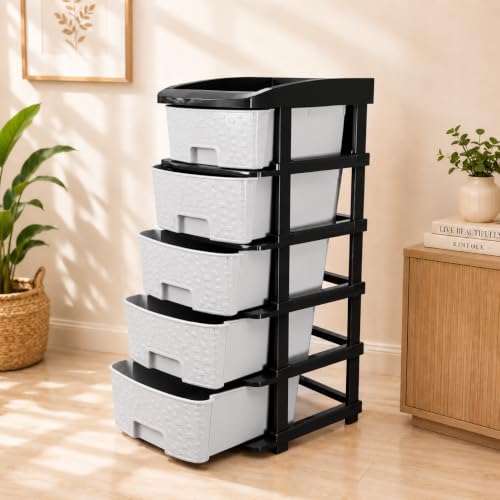 Image of Jefa Plastic Modular Drawer Storage Organizer | Multipurpose Storage Chest with Anti-Slip Design | Large Capacity Drawer Rack for Clothes, Shoes, Office & Home Use (Grey, 5)