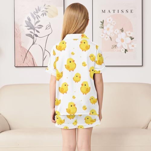 Yellow Cute Chicks Pattern Summer Satin Pajama Set, Cute Button-Down Sleepwear Pj Set for Sleep Wears4