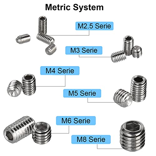 FandWay 340Pcs Metric M2.5/M3/M4/M5/M6/M8 Grub Screw with Internal Hex Drive, Hex Allen Head Socket Set Screw Bolts Assortment Kit for Door Handles, Faucet, Light Fixture Etc.