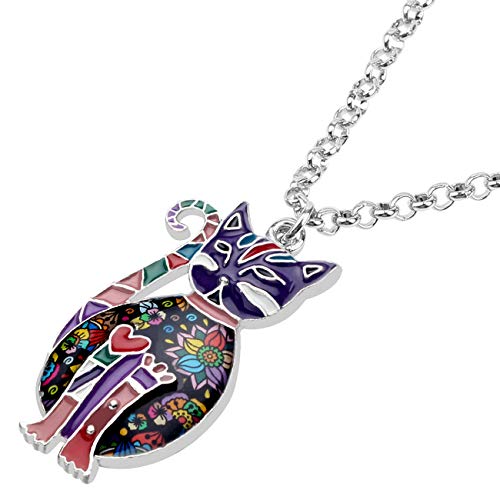 Doway Charm Cat Floral Enamel Pendant Necklace For Women Girls Chain Fashion Jewelry (Purple) #TOP2