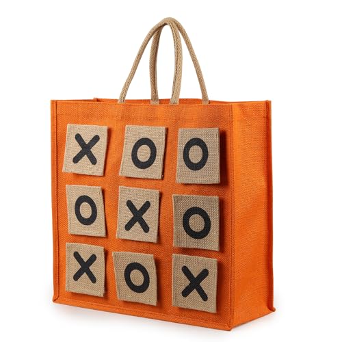 DOUBLE R BAGS Activity Jute Tote Bag – Eco-Friendly DIY Imprint Tote, Tic-Tac-Toe Design, Reusable Burlap Shopping Bag for Custom Fashion, Craft & Gifting (Orange, Pack of 1)