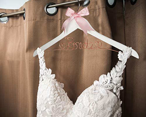 Bride to Be Wedding Dress Hanger, Hanger with Bride Wire for Wedding Gown in Anatto, White Wood, and Natural Wood, Perfect Gift for Bride on her wedding or Bridal Shower! (White Wood Rose Gold Wire)