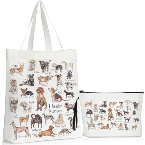 Sieral 2 Pcs Animal Lover Bag Graduation Gift for Women Travel Canvas Tote Portable Zipper Pouch Canvas Reusable Grocery Tote(Dog)