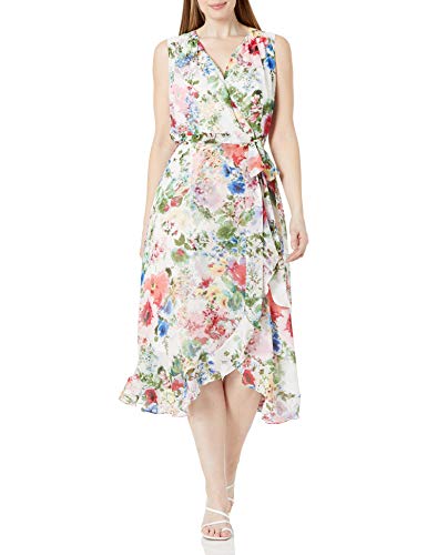 Gabby Skye womens Plus Size Gabby Skye Sleeveless V-neck Ruffle Faux Wrap Midi Floral Print Chiffon Dress, Ivory/Pink, 24-25 Plus