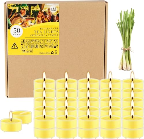 Fclayvts 3.5-Hour 50Pack Citronella Tealight Candles Outdoor and Indoor Summer Scented Candle Natural Soy Wax Candle for Home Patio Garden Yard Balcony BBQ Birthday Emergency.