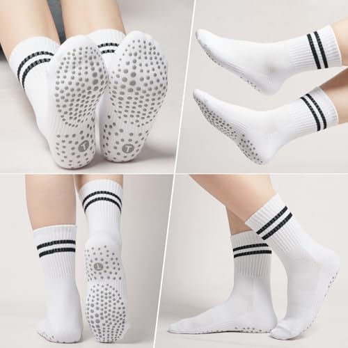 Image of Toes Home Pilates Socks for Women with Non Slip Grippers, Yoga Crew Socks for Barre Hospital Sticky Slipper Socks 4 Pairs