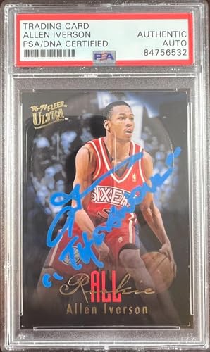 Allen Iverson auto inscribed RC 1997 Fleer Ultra #7 Philadelphia 76ers PSA Encap - Basketball Autographed Cards