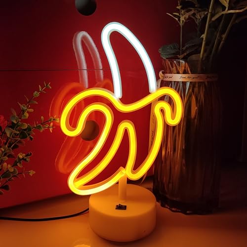 Image of JYWJ Neon Signs with Holder Base,USB or 3-AA Battery Powered Neon Light,LED Desktop Wall Decoration,Various Parties,Decoration of Business Premises(Banana)