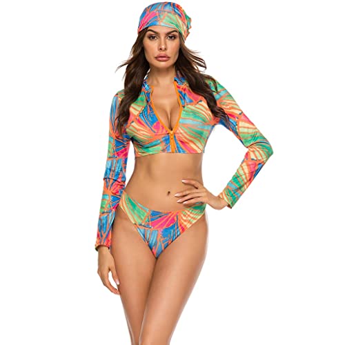 Maiô feminino One Piece, biquíni estampado conservador, manga comprida dividida, maiô com zíper, conjunto de roupa de banho de três peças peça (cor: A, tamanho: pequeno)