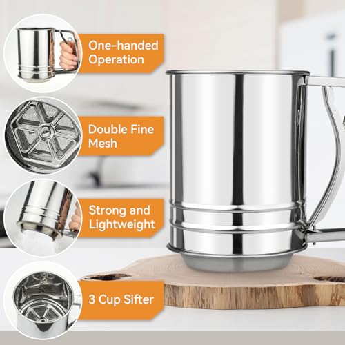 Flour Sifter, 3 in 1 Stainless Steel Sifter for Baking, 3 Cup Double Layer Fine Mesh Sifter, Powdered Sugar Shaker Duster Set for Baking Cakes, Pastries, Pies, Cupcakes and Desserts - Thumbnail 3