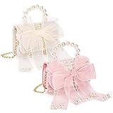 Mezchi 2 Pack Purse for Little Girls, Mini Toddler Crossbody Purse with Bowknot, Cute Fashion Princess Handbags with Pearl Handle, Detachable Gold Chain