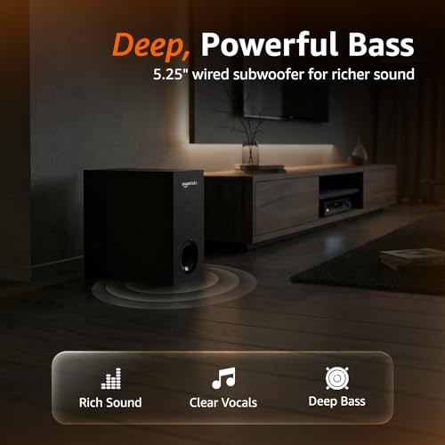 Image of amazon basics 90W Soundbar with Wired Subwoofer | 2.1 Channel Home Theatre|Bluetooth 5.3, HDMI ARC, USB, AUX | Deep Bass Subwoofer | Remote Control | Soundbar for Smart TVs, Gaming & Music (Black)