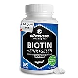 Vitamaze Biotin hochdosiert 10.000 mcg + Selen + Zink für Haare, Haut & Nägel, 365 vegane Tabletten für 1 Jahr, D-Biotin, Nahrungsergänzung ohne Zusatzstoffe, Made in Germany