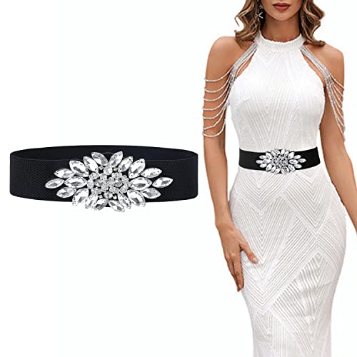 E-Clover Fashion Floral Rhinestone Buckle Women's Elastic Waist Cinch Belt For Dress For Waist Size 25''-32'' (White Rhinetsone) #TOP4