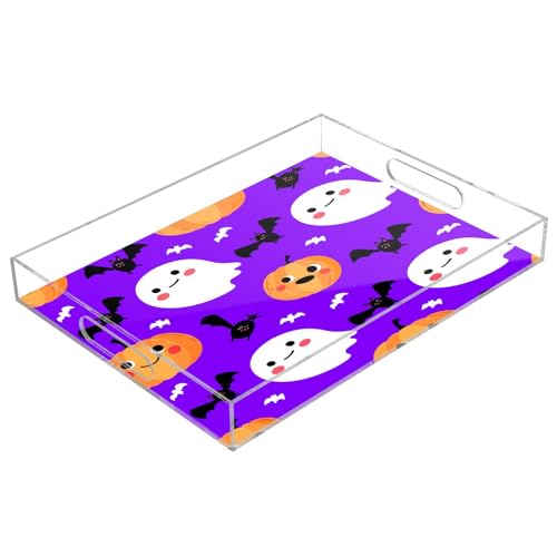 BOESI Halloween Ghosts and Bats Acrylic Decorative Dining Tray, Acrylic Decorative Tray Organizer with Handle for Kitchen, Dining Room, Bathroom, Dresser