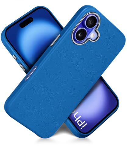 Image of WOW IMAGINE Back Cover for iPhone 16 | Shockproof Tough Leather Texture Hard Mobile Case | Ultra Slim Non-Slip Grip | Inner Velvet Fabric | Metal Camera Ring - Blue