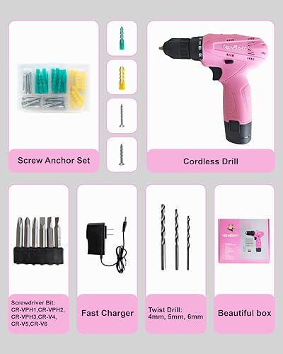 Image of 12V Cordless Drill Set with 2 Battery, Pink Drill for Women